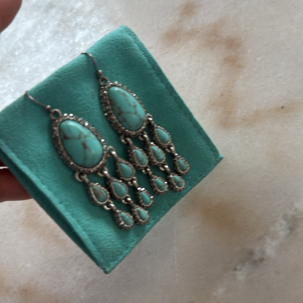 Lucky Brand Turquoise Crystals Rhinestone Earrings Silver Dangle Earrings - Picture 6 of 17